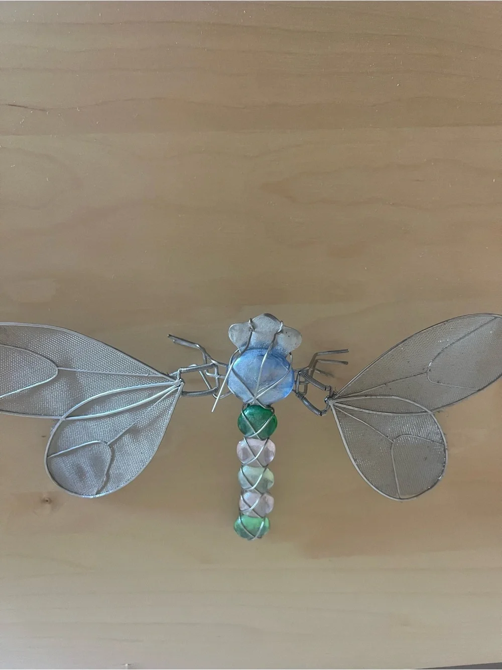 Decorative Metal Dragonfly Sculpture with Blue & Green Beads